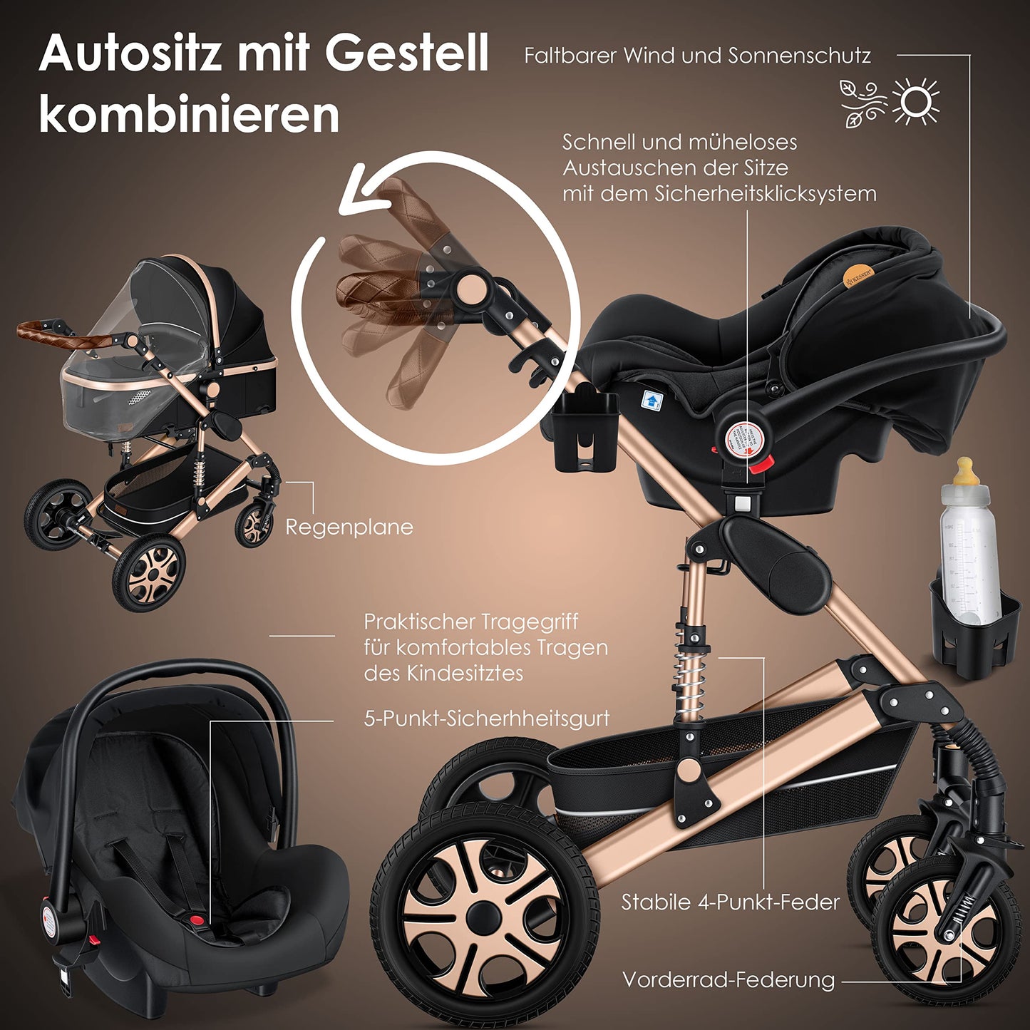 KESSER® Loops 3-in-1 Kinderwagen – Kombi-Kinderwagen mit Babywanne, Buggy & Autoschale, Schwarz/Champagne