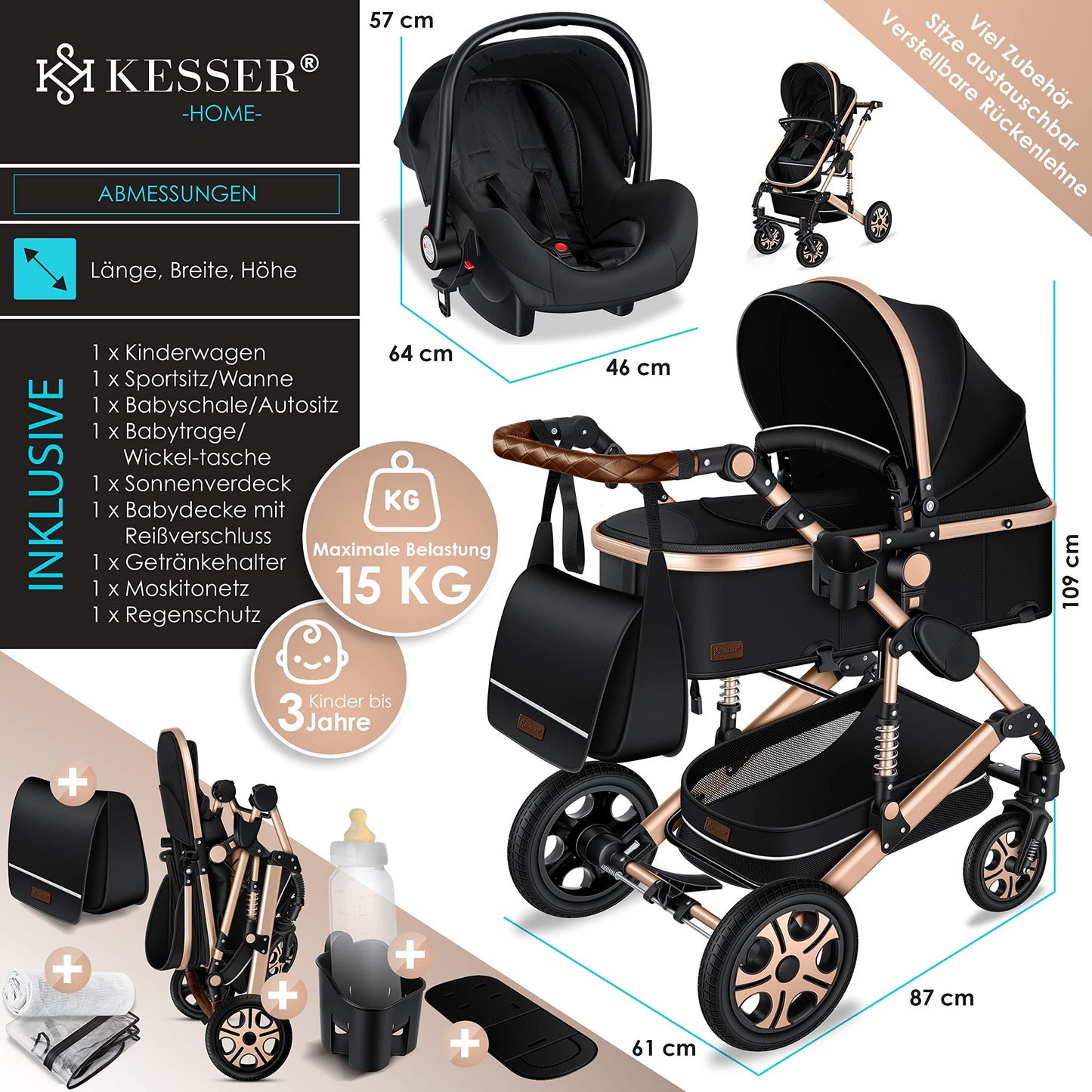 KESSER® Loops 3-in-1 Kinderwagen – Kombi-Kinderwagen mit Babywanne, Buggy & Autoschale, Schwarz/Champagne