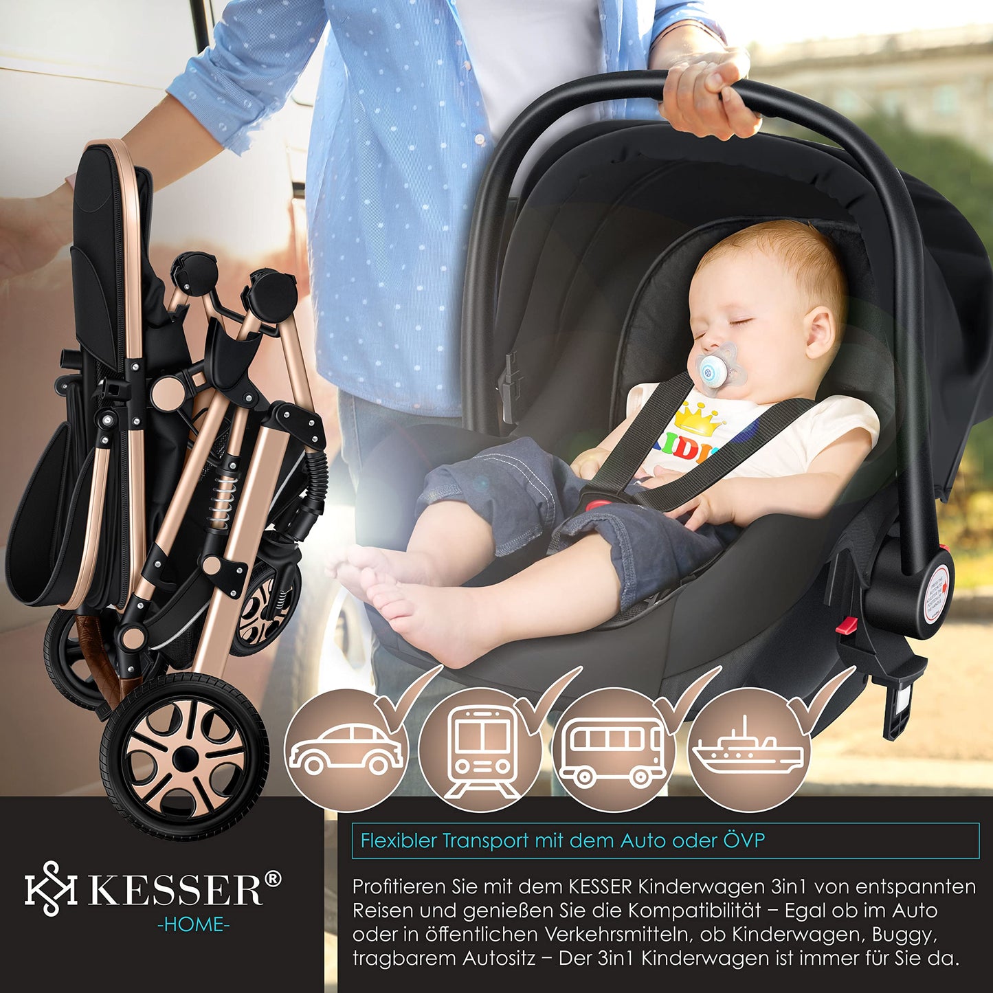 KESSER® Loops 3-in-1 Kinderwagen – Kombi-Kinderwagen mit Babywanne, Buggy & Autoschale, Schwarz/Champagne