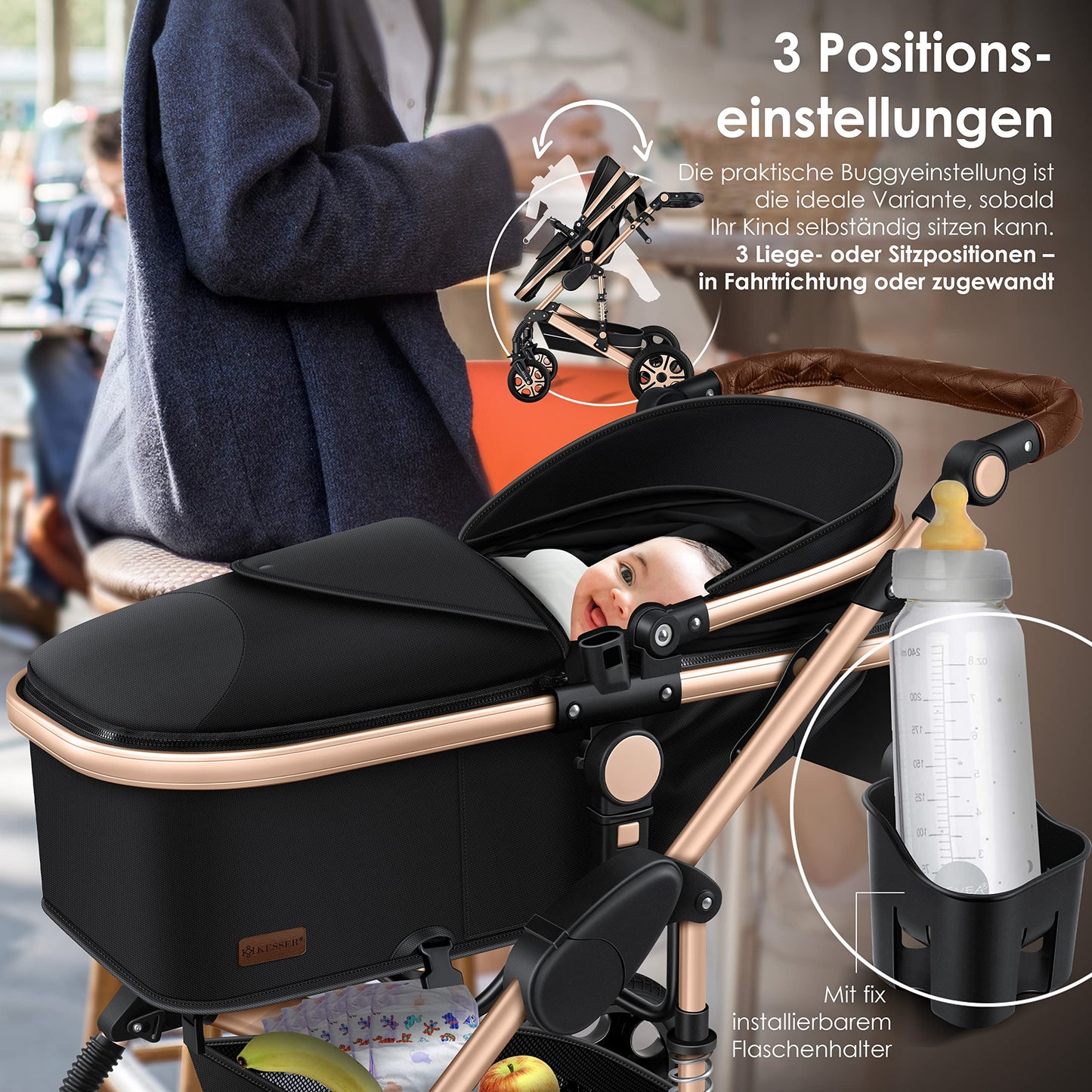 KESSER® Loops 3-in-1 Kinderwagen – Kombi-Kinderwagen mit Babywanne, Buggy & Autoschale, Schwarz/Champagne