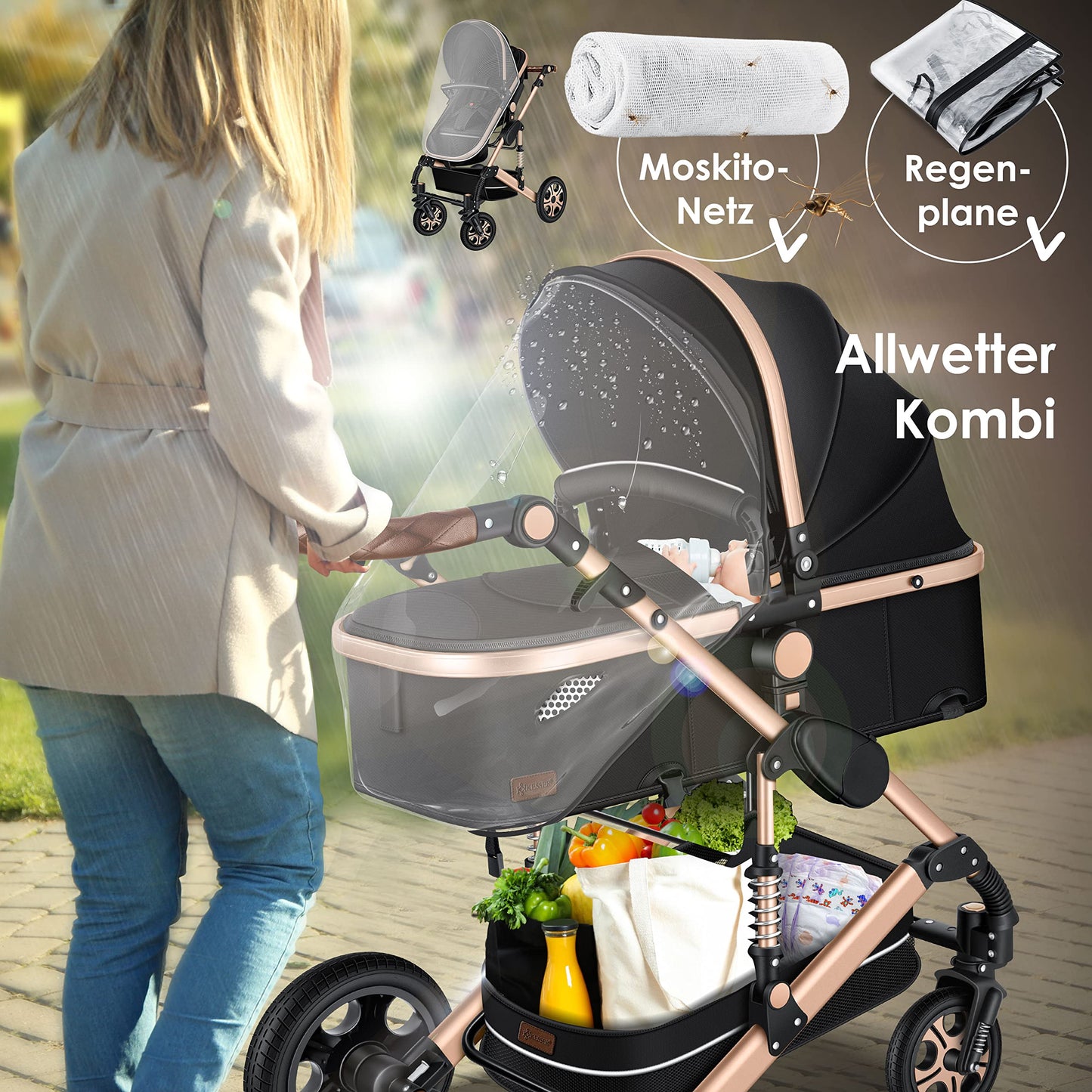 KESSER® Loops 3-in-1 Kinderwagen – Kombi-Kinderwagen mit Babywanne, Buggy & Autoschale, Schwarz/Champagne