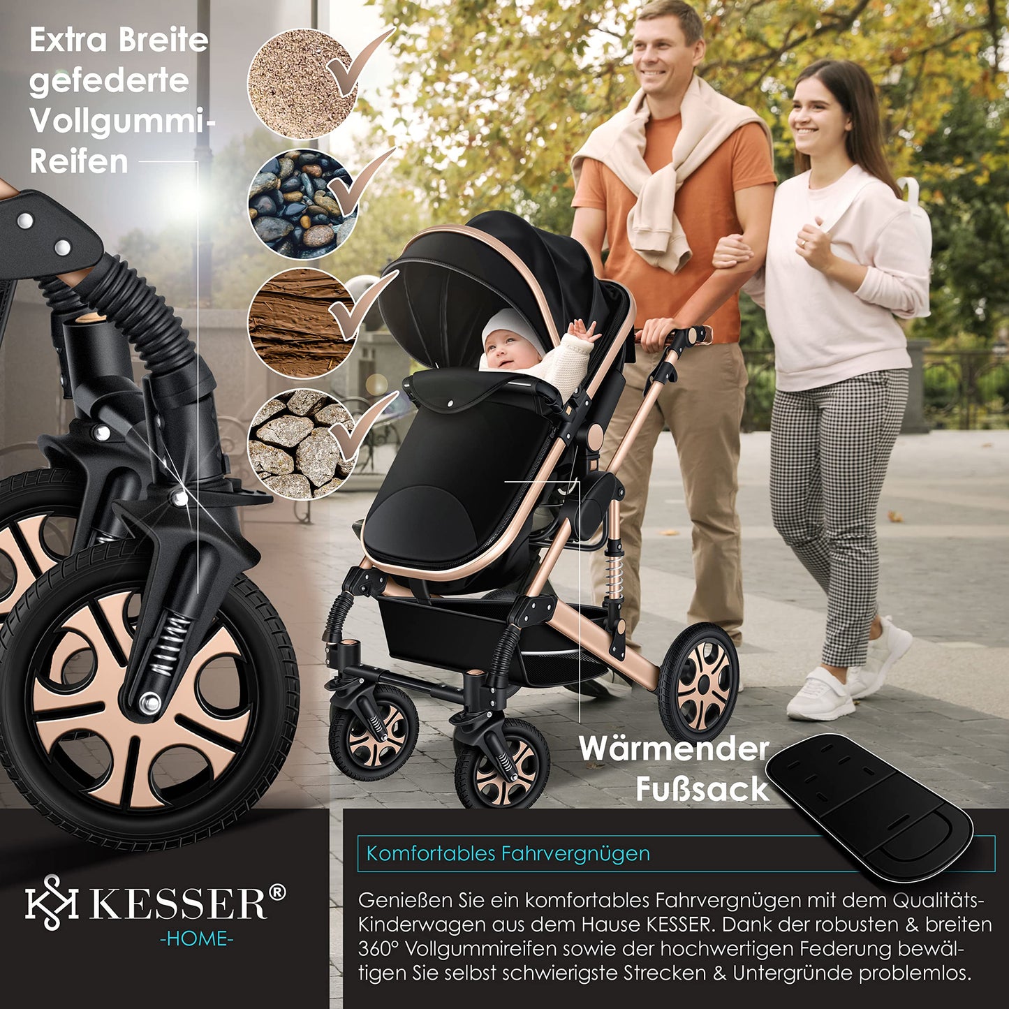KESSER® Loops 3-in-1 Kinderwagen – Kombi-Kinderwagen mit Babywanne, Buggy & Autoschale, Schwarz/Champagne