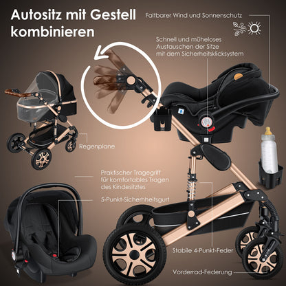 KESSER® Loops 3-in-1 Kinderwagen – Kombi-Kinderwagen mit Babywanne, Buggy & Autoschale, Schwarz/Champagne