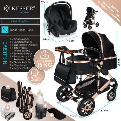 KESSER® Loops 3-in-1 Kinderwagen – Kombi-Kinderwagen mit Babywanne, Buggy & Autoschale, Schwarz/Champagne