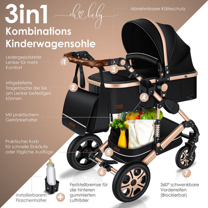 KESSER® Loops 3-in-1 Kinderwagen – Kombi-Kinderwagen mit Babywanne, Buggy & Autoschale, Schwarz/Champagne