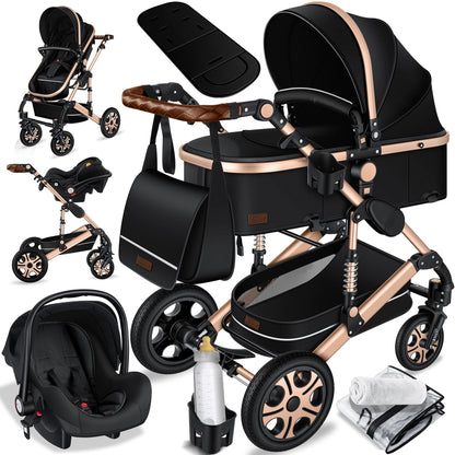 KESSER® Loops 3-in-1 Kinderwagen – Kombi-Kinderwagen mit Babywanne, Buggy & Autoschale, Schwarz/Champagne