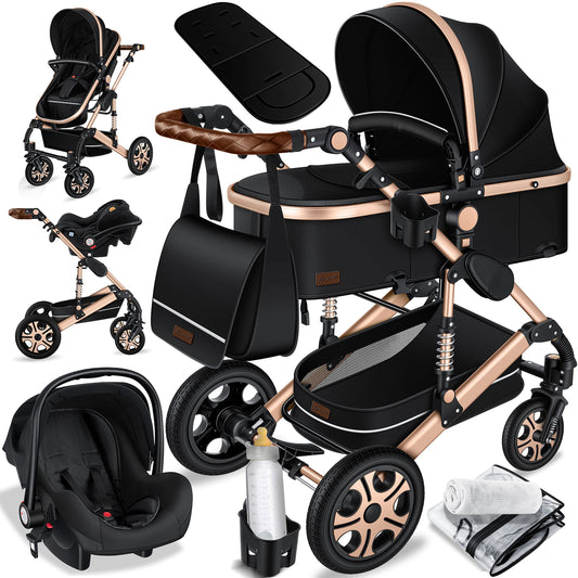 KESSER® Loops 3-in-1 Kinderwagen – Kombi-Kinderwagen mit Babywanne, Buggy & Autoschale, Schwarz/Champagne