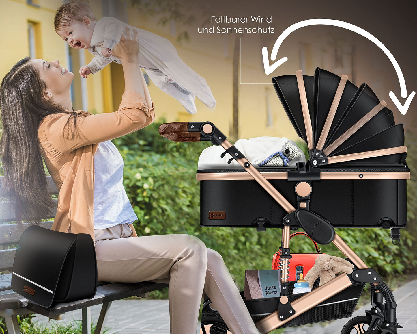 KESSER® Loops 3-in-1 Kinderwagen – Kombi-Kinderwagen mit Babywanne, Buggy & Autoschale, Schwarz/Champagne